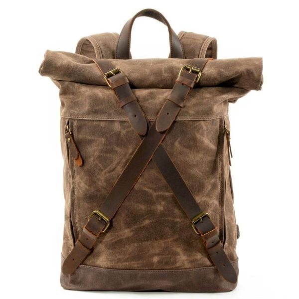 

backpack large capacity waterproof canvas leather retro outdoor hiking camping rucksack duffel for boys