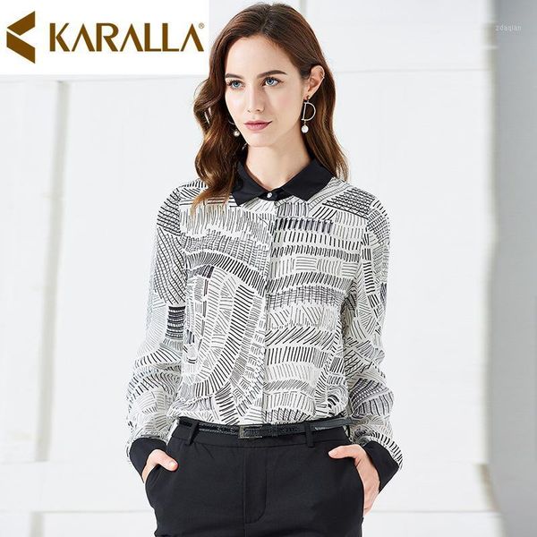 

women's blouses & shirts temperament office lady boutique blouse fashion women printed long sleeve mulberry silk single breasted shirt, White