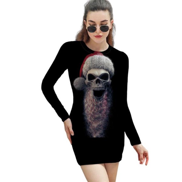 

casual dresses halloween gothic skeleton print mini dress 2021 women's one-piece short skirt bag hip long-sleeved, Black;gray