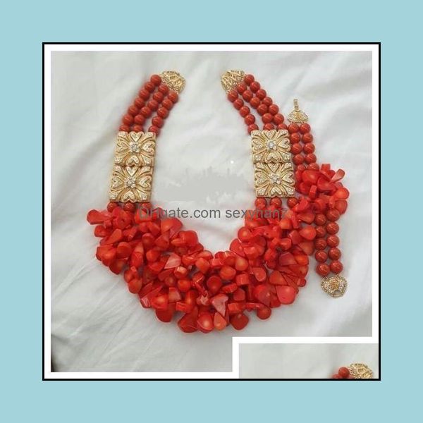 Brincos Colar De Jóias Conjuntos Lindo Red Coral Coral Grânulos Afro Set Flor Bib Declaração para Noivas Mulheres Nigerianas Jóias CNR914 Drop D