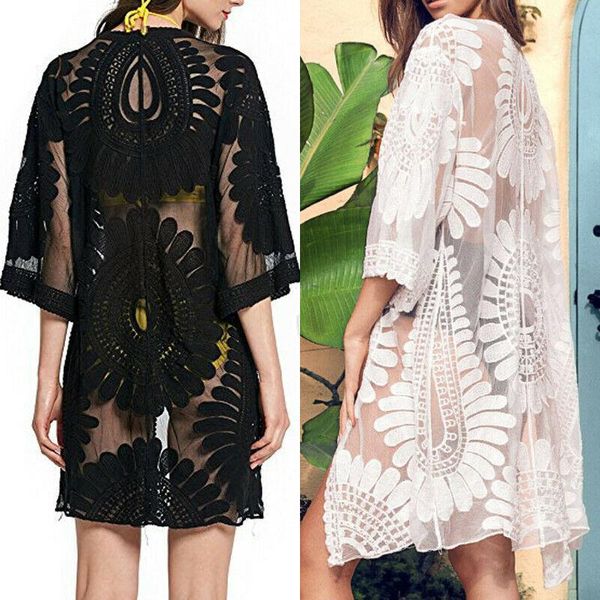 

girls women lace cotton beach cardigan see through bikini cover up wrap beachwear white/black floral dress women's swimwear