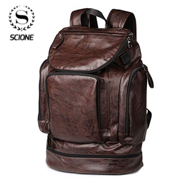 

backpack scione waterproof men pu leather travel casual school bag male functional big capacity bookbag