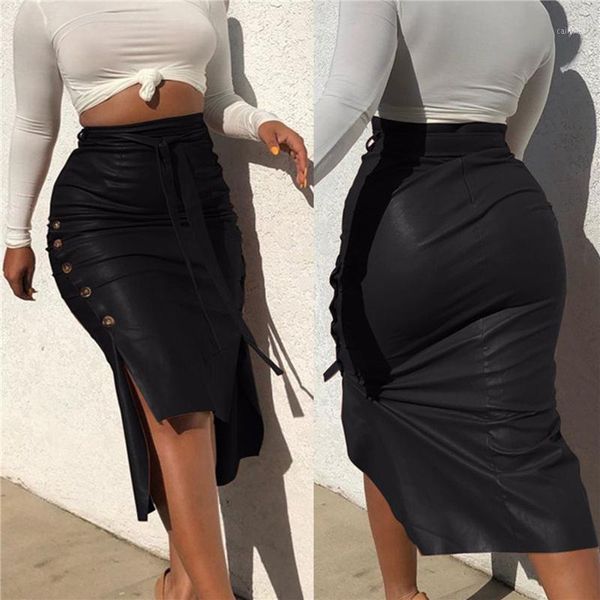 

women's faux leather midi skirt high waist button trim solid color slit bodycon pencil with belt skirts, Black