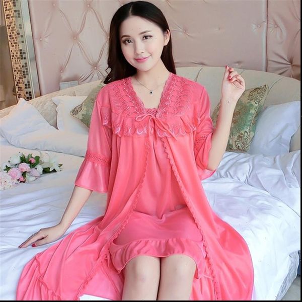 

dames nachthemd zomer dunne ijs women dress zijde pyjama twee stuk diepe v hals lace robes nachtkleding vrouwen nachtjapon, White