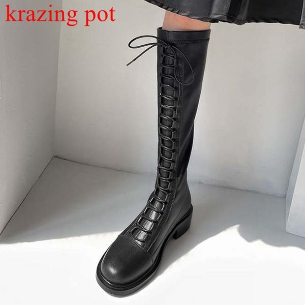 

boots krazing pot cow leather retro round toe fashion riding med heels cross-tied lace up maiden brand mature thigh high, Black