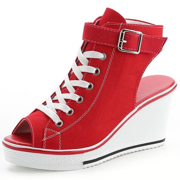 

sarairis lace-up platform sandals women cool high wedges summer ladies fashion canvas shoes, Black