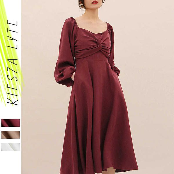 

woman dress ladies elegant twisted straps collar lantern long sleeve a-line vestidos night celebrate party dating robe 210608, Black;gray