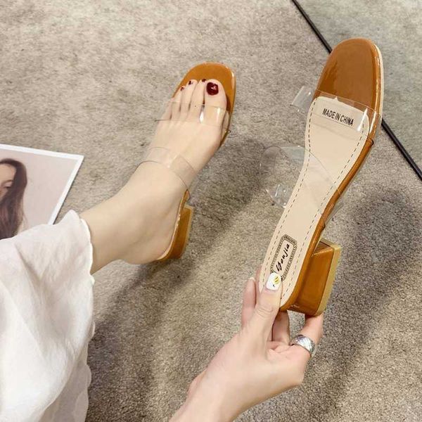 

slippers summer women transparent pvc strap low square heel open toe outdoor beach slides casual fashion shoes ladies female 5b27, Black