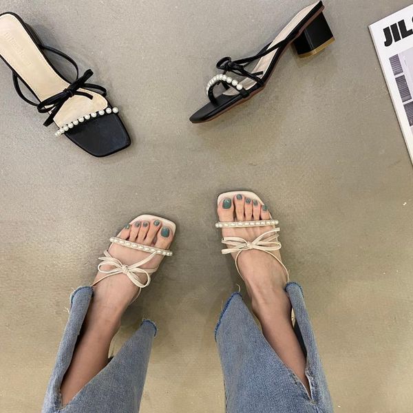 

slippers female shoes flat women heels square toe luxury slides string bead low butterfly-knot 2021 high designer summer soft mi, Black