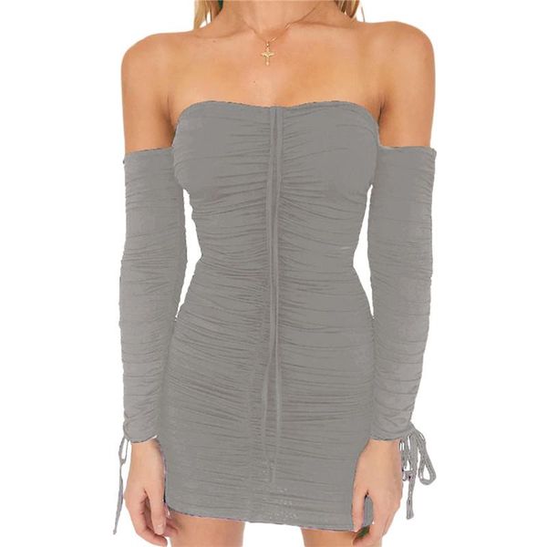 

casual dresses drawstring ruched mini dress bodycon autumn long sleeve club party clothes off shoulder women's skinny, Black;gray