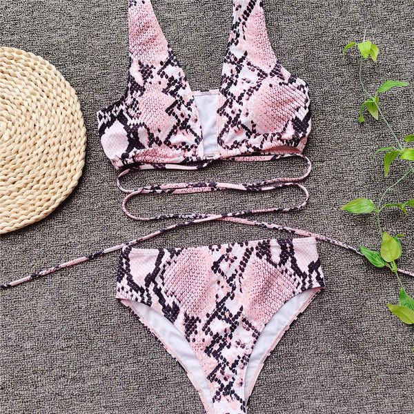 

pink snake skin high waist bikini female swimsuit women swimwear two-piece bikini set wrap around bather bathing suit swim k2417