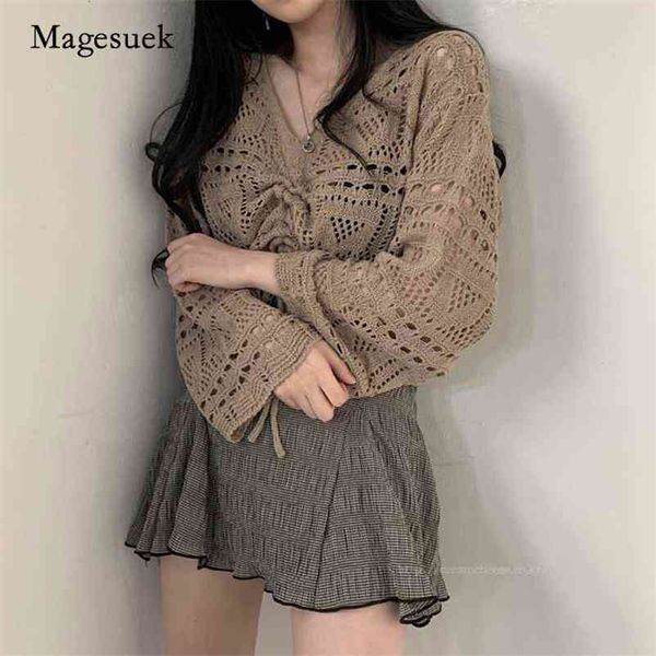 

v-neck long sleeve ladies hollow out knitted blouses women autumn casual loose shirts korean clothing blusas 10194 210518, White