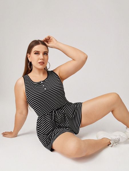 

plus buttoned half placket striped tank romper 99zu#, Black