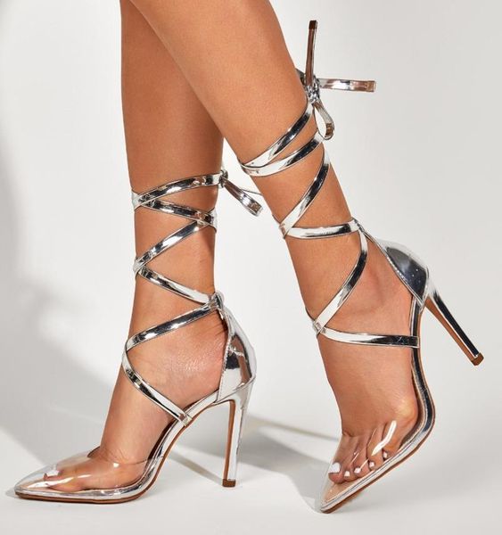 

dress shoes female sandal pvc cross cross-shoes 2021 women's high heels girls plastic stiletto pointed high-heeled lace up closed, Black