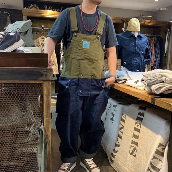 

men's pants patchwork color jumpsuit cargo denim vintage strap overalls loose hip hop pockets casual american male long trousers1, Black