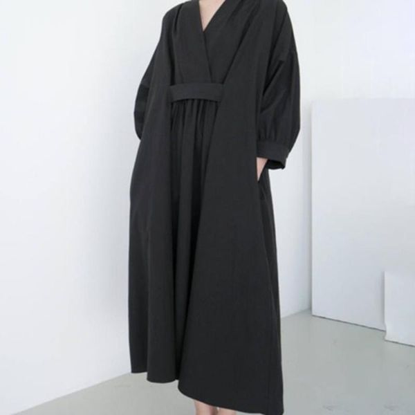 

women loose casual dress japan style simple long dresses sleeves hedging college black female v-neck maxi vestidos, Black;gray