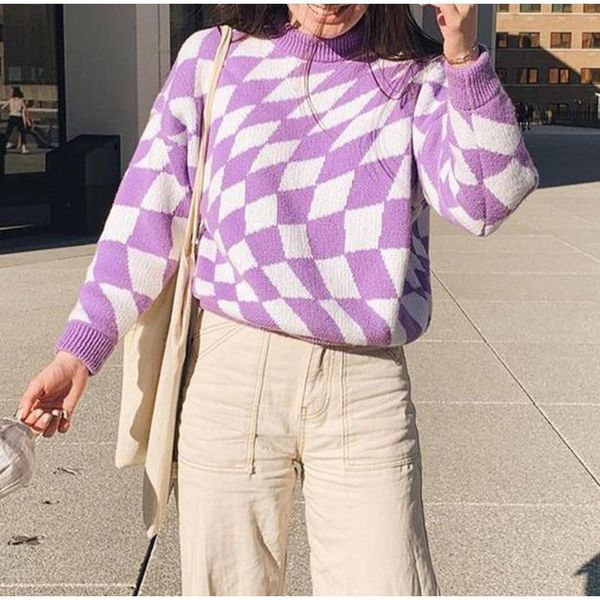 

women's sweaters vintage argyle plaid women knitted sweater o-neck loose female pullover sweet long sleeve lady pullovers chic student, White;black