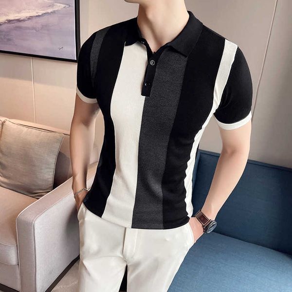 

summer men's knitted casual polo shirts short sleeved striped slim lapel ice silk polo shirt business social men clothes m-4xl 210527, White;black