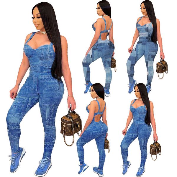 

spring and summer fashion suspender denim printing jumpsuit, Blue