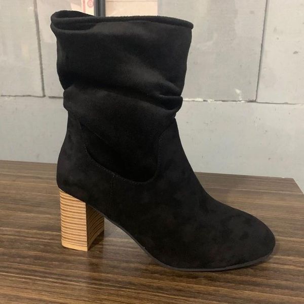 

women's boots plus size autumn/winter 2021 high-heeled round toe short female thick-heeled single, Black