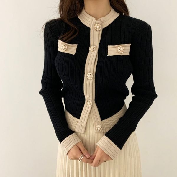 

women's jackets office lady black white cardigan elegant sweater coat women 2021 round neck single breasted knit slim, Black;brown