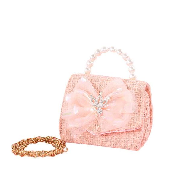 

crown shoulder bag shinny crystal pack kids girl lace bowknot square pocket detachable chain pearl handbag mini princess purse, White