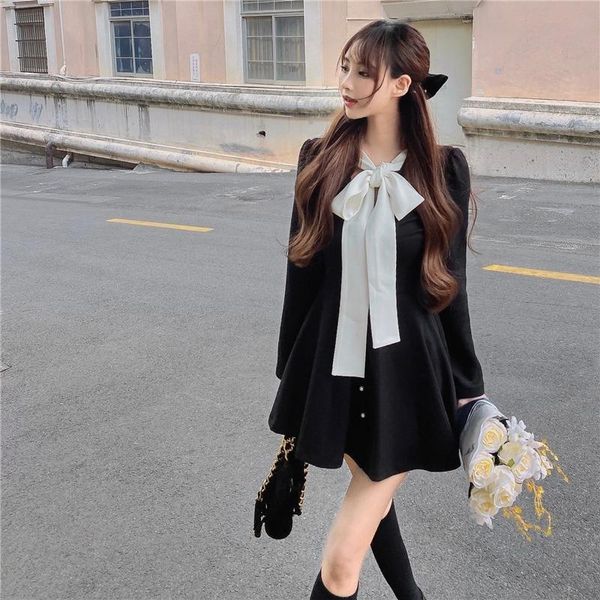 

casual dresses in 2021, the season show thin aristocratic temperament hepburn wind black bowknot accept waist goddess fei dress, Black;gray