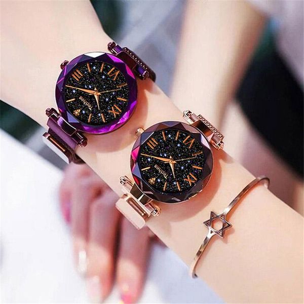 

wristwatches women watch set rose gold relogio feminino mesh magnetic watchband starry sky ladies wrist watches arrival 2021, Slivery;brown