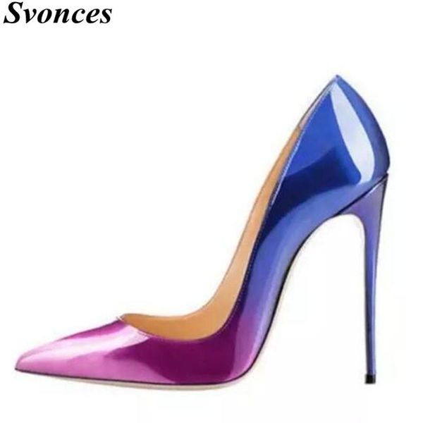 

svonces gradient blue purple patent leather high heels women shoes 12cm party plus size 13 plain pointed toe ladies pumps dress, Black