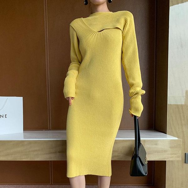 

fashion temperament knitted dress women spring autumn cut out cross crew neck long sleeve meduim length casual dresses, Black;gray