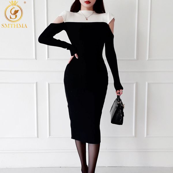 

winter korean chic style temperament slim mid-length patchwork sweater dresses hollow out shoulder knitted vestidos 210520, Black;gray