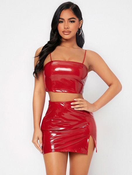 

petite pu leather cami & split hem skirt d77x#, White