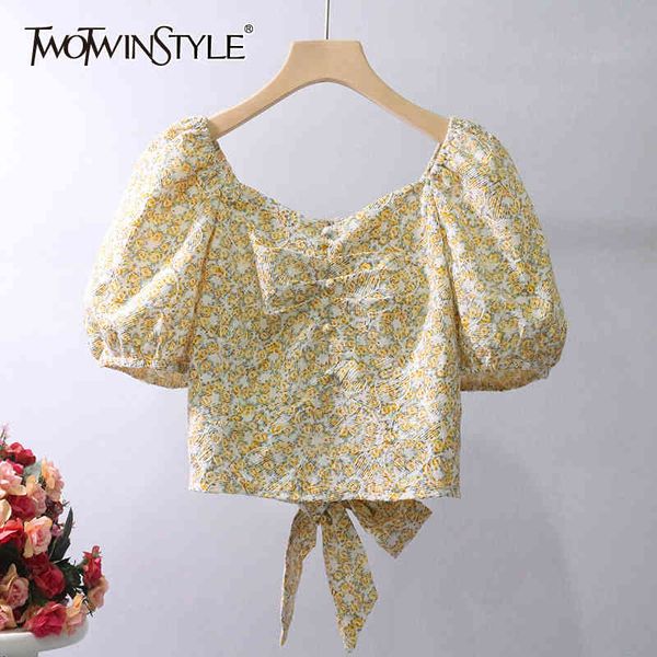 

elegant print shirt for women v neck puff short sleeve patchwork bowknot slim blouses female summer fashion stylish 210524, White
