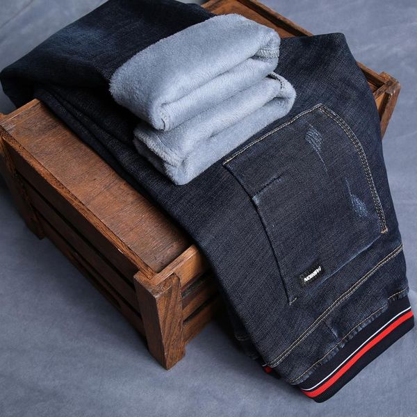 

men's jeans winter brand fleece thick warm slim pencil classic elastic waist drawstring stretch fit dark blue