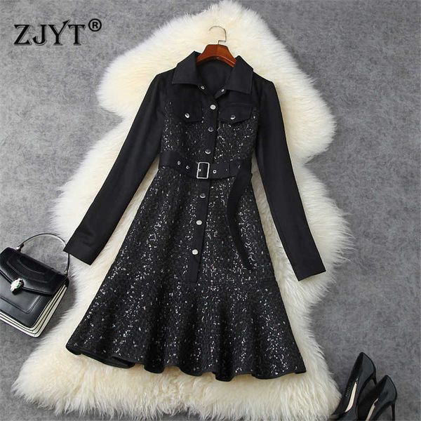 

fashion autumn clothes women runway designers turn down collar denim patchwork short tweed woolen dres winter 210601, Black;gray