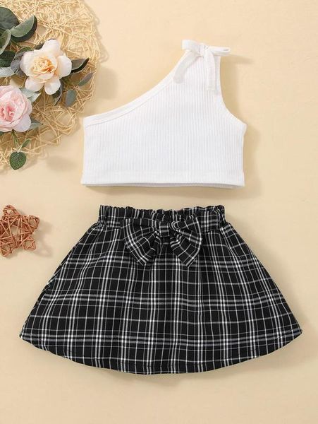 

baby one shoulder bow front & plaid skirt she, White