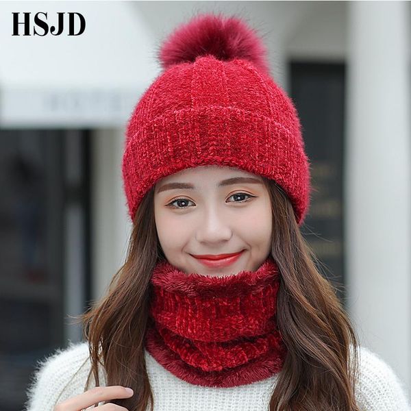 

ski hat female 2021 chenille knitted hats for women scarf caps neck warmer winter pompoms skullies beanies girl beanie/skull, Blue;gray