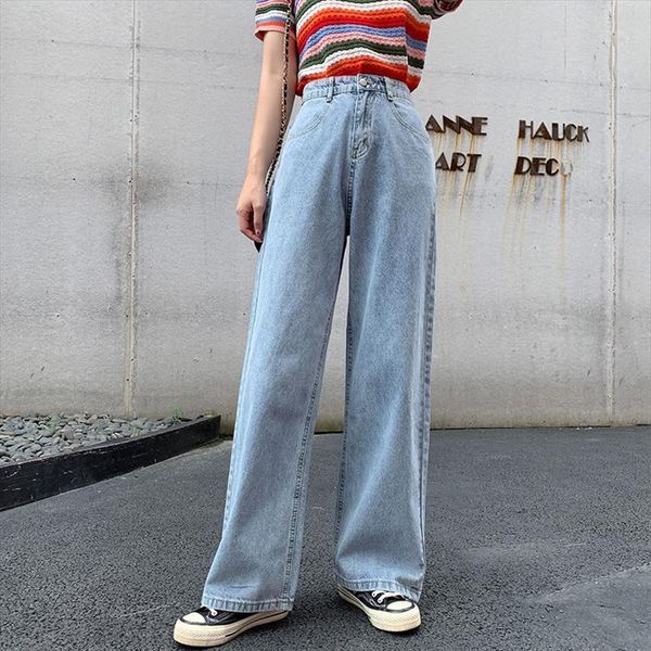 

cotton loose high waist retro womens jeans wide leg casual simple fashion zipper denim trousers, Blue