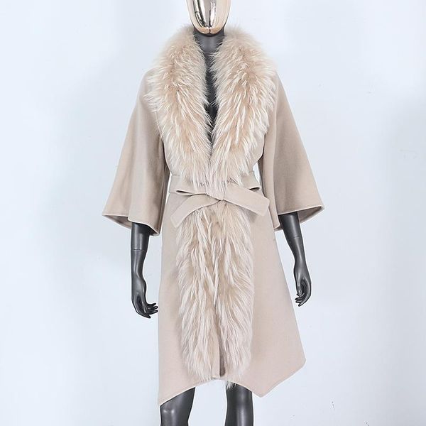 

women's wool & blends cxfs 2021 winter jacket women big real fur coat natural raccoon collar belt warm outerwear streetwear fashion, Black