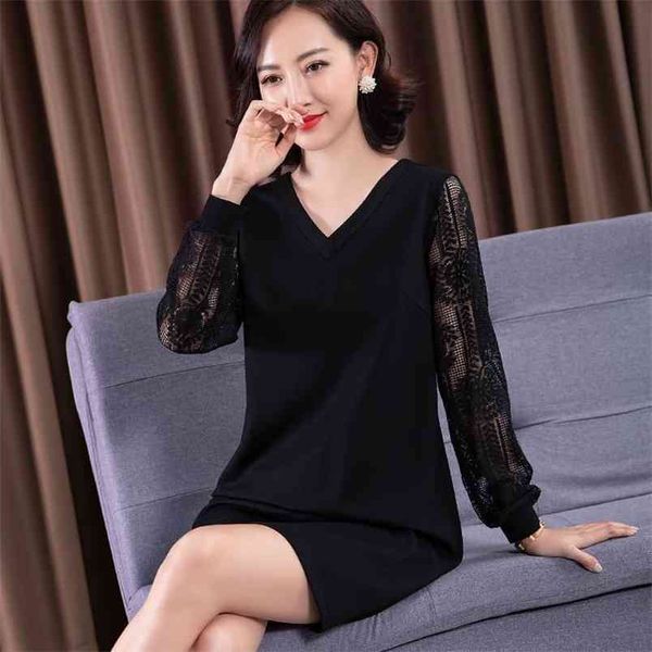 

autumn winter black dress women elegant v neck lace long sleeve splicing loose es female straight midi plus size 210522, Black;gray