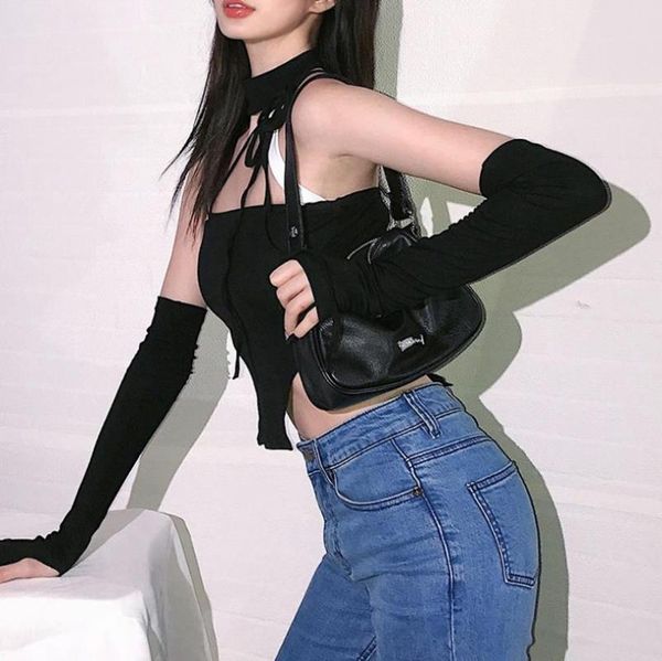 

women's t-shirt 2021 fashion crop stylish mock neck color block long sleeve cold shoulder bandage strap black t-shirts, White