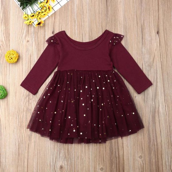 

girl's dresses pudcoco toddler baby girls dress round neck long sleeve stars sequin shining mesh stitching princess, Red;yellow