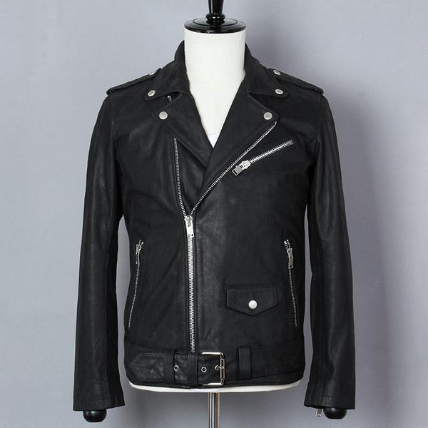 

men's leather & faux 2021 fashion vintage genuine jacket men lapel short slim fit motorcycle scrub cowhide locomotive coat, Black