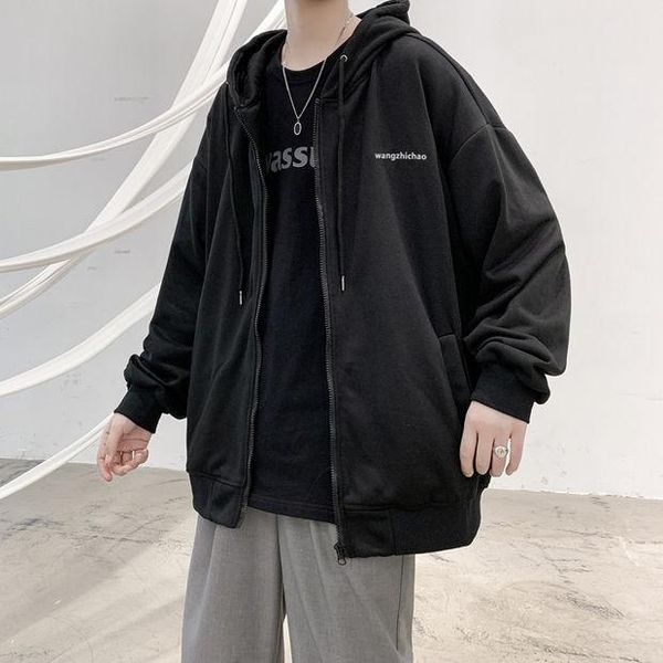 

men's hoodies & sweatshirts spring and autumn loose cardigan hooded sweater thin jacket hong kong style casual sports, Black