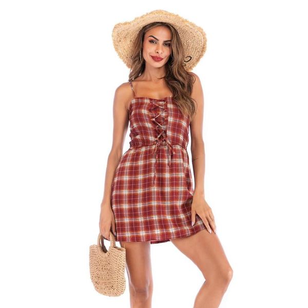 

casual dresses dress women 2021 fashion a-line plaid strap backless thin strapless, Black;gray
