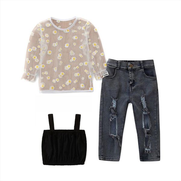 

summer kids baby girls casual three piece clothes set black suspender see through pullover jeans pants, White
