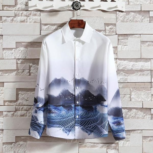 

men's casual shirts autumn men landscape ink printing long sleeve button down shirt for 4xl 5xl, White;black