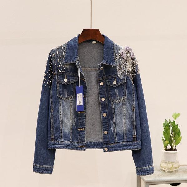 

women's jackets heavy hammer bead stereoscopic flower female hand torn denim jacket brief paragraph coat, Black;brown