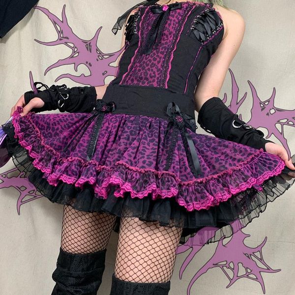 

skirts gothic harajuku rock cake lace leopard bow fashion sweet girl punk pink blue high waist mini kawaii short, Black