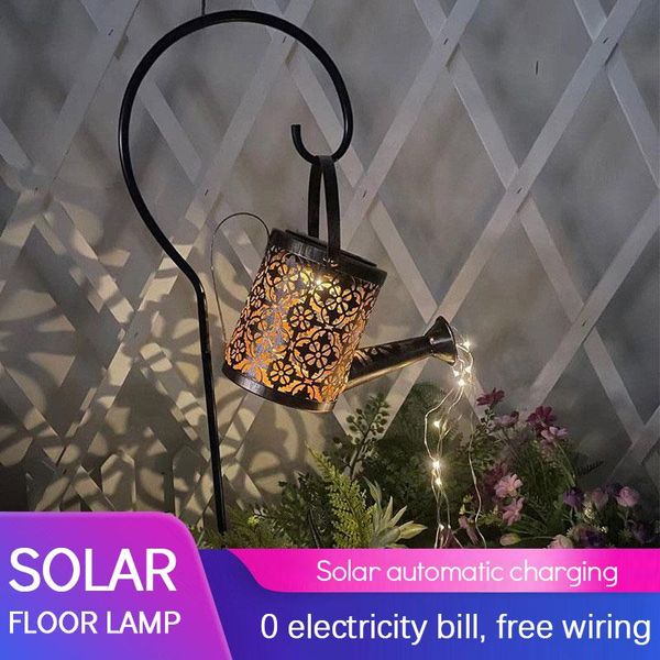 

lawn lamps outdoor solar watering can lamp garden art ornament light hollow-out iron shower led lights waterproof string decorations